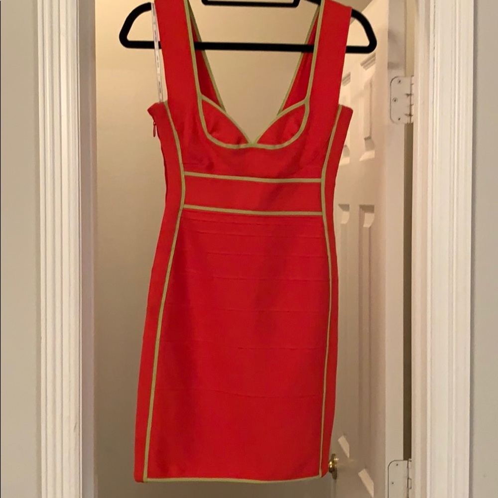 Red/orange bandage dress with greed detail